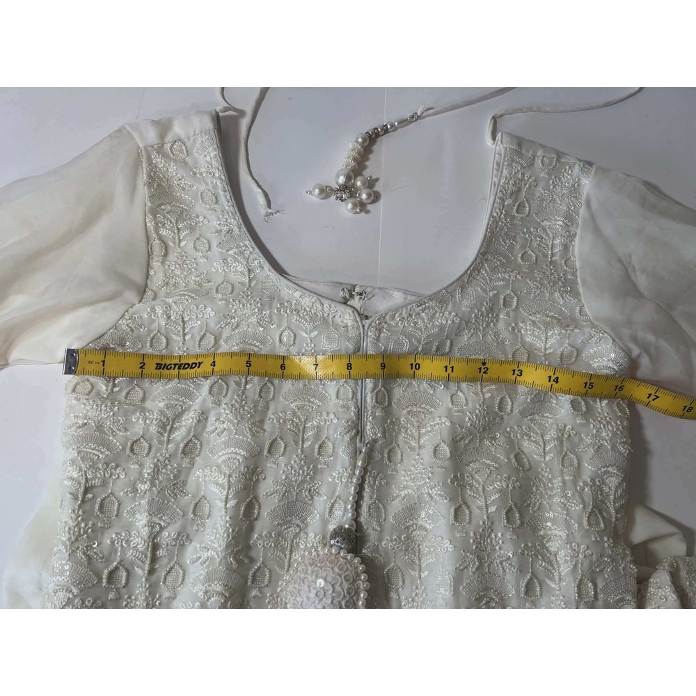 Ivory Chikankari Embroidered Kurta Tunic with Sequin Accents and Pearl Tassels - Picture 4 of 8